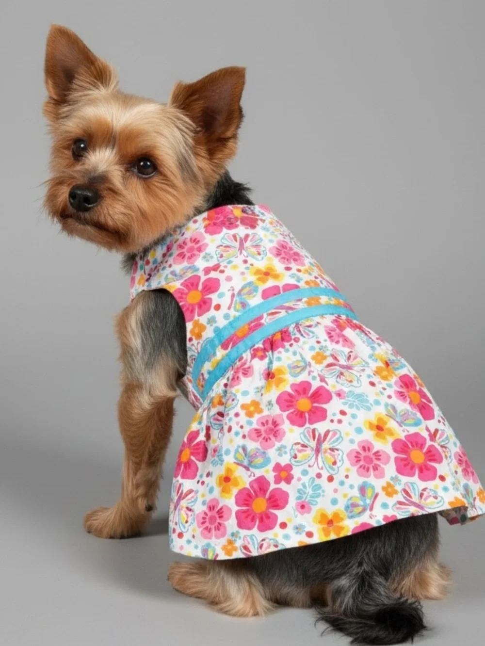 Floral Pink & Turquoise Dog Harness Dress Size M